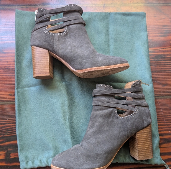 Anthropologie Shoes - Anthropologie Suede Block Heel Ankle Boots Gray Taupe Cutout Strap Size 8